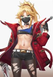 Rule 34 | 1girl, alternate costume, belt, black choker, black gloves, black pantyhose, black shorts, blonde hair, braid, breasts, choker, collarbone, commentary request, dual wielding, fate/grand order, fate (series), fingerless gloves, gloves, green eyes, hair ornament, hair scrunchie, highres, holding, holding sword, holding weapon, jacket, long hair, long sleeves, looking at viewer, mask, mordred (fate), mordred (fate/apocrypha), mouth mask, navel, open clothes, open jacket, pantyhose, ponytail, red jacket, red scrunchie, scrunchie, shirt, short shorts, shorts, single-shoulder shirt, solo, sword, tonee, torn clothes, torn pantyhose, weapon, white belt