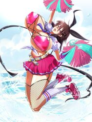 Rule 34 | 1girl, absurdres, artist request, breasts, cheerleader, cosplay, fate (series), full body, hair ribbon, highres, huge breasts, ibuki douji (fate), ibuki douji (swimsuit berserker) (fate), ibuki douji (swimsuit berserker) (fate) (cosplay), ibuki douji (swimsuit berserker) (second ascension) (fate), ibuki douji (swimsuit berserker) (second ascension) (fate) (cosplay), jumping, mizuki shiranui, navel, pink skirt, pom pom (cheerleading), ribbon, skirt, solo, taimanin (series), taimanin yukikaze