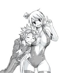 Rule 34 | 1boy, 1girl, arm tattoo, breasts, cleavage, closed eyes, fairy tail, goggles, goggles on head, greyscale, grin, hair between eyes, hand on own hip, jewelry, large breasts, leotard, looking at viewer, lucy ashley, mashima hiro, monochrome, natsu dragion, navel, necklace, official art, simple background, smile, standing, tattoo, thighhighs, v, white background