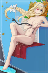 Rule 34 | 1girl, absurdres, alice zuberg, armpits, bare arms, bare legs, bare shoulders, barefoot, blonde hair, blue eyes, braid, braided ponytail, breasts, carpet, cleavage, feet, gold osmanthus, hair intakes, hairband, heterochromia, highres, large breasts, long hair, no bra, no panties, nude, osmanthus, red eyes, sigure yusyo, sword art online, sword art online: alicization