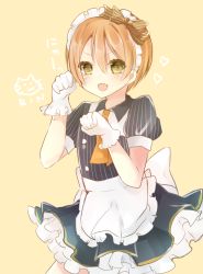 Rule 34 | 10s, 1girl, bad id, bad twitter id, bow, character name, fang, frilled skirt, frills, gloves, hair bow, heart, highres, hoshizora rin, love live!, love live! school idol festival, love live! school idol project, maid headdress, open mouth, orange hair, short hair, skirt, solo, souhi, white gloves, yellow eyes