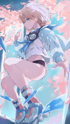 Rule 34 | 1girl, absurdres, black panties, blue cardigan, blue neckerchief, cardigan, cherry blossoms, falling petals, goggles, goggles around neck, grey hair, highres, idolmaster, idolmaster shiny colors, jumping, long sleeves, looking at viewer, midriff, navel, neckerchief, no pants, panties, petals, sail, serizawa asahi, solo, underwear, valentine (02140314c)