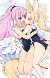Rule 34 | 2girls, angel wings, animal ear fluff, animal ears, ass, bare arms, bare legs, bare shoulders, black one-piece swimsuit, black scrunchie, blonde hair, blue archive, blush, covered navel, crescent, crescent pin, feathered wings, fox ears, hair ornament, hair scrunchie, halo, highres, kneepits, long hair, mika (blue archive), multiple girls, one-piece swimsuit, open mouth, outside border, pink hair, pink halo, ponytail, scrunchie, seia (blue archive), smile, swimsuit, white wings, wings, yellow eyes, yellow halo, yun (dust-i1), yuri