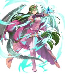 Rule 34 | 1girl, boots, breasts, detached sleeves, dragon girl, dragon tail, dragon wings, dress, female focus, fire emblem, fire emblem: mystery of the emblem, fire emblem heroes, floating, floating object, full body, green eyes, green hair, hair ornament, highres, jewelry, long hair, looking away, low twintails, medium breasts, nagi (fire emblem), nintendo, non-web source, official art, okaya mrh, open mouth, pink dress, pointy ears, smile, solo, stone, tail, thigh boots, thighhighs, tiara, transparent background, twintails, very long hair, wings