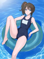 Rule 34 | 1girl, artist request, barefoot, blue eyes, blue one-piece swimsuit, brown hair, character request, collarbone, copyright request, feet, innertube, looking at viewer, looking up, one-piece swimsuit, ponytail, school swimsuit, side ponytail, sitting, solo, swim ring, swimsuit, toes, water