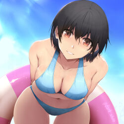 Rule 34 | 1girl, :d, arms behind back, bare shoulders, bent over, bikini, black hair, blue bikini, blue sky, breasts, brown eyes, cleavage, collarbone, day, dutch angle, grin, holding, holding swim ring, innertube, large breasts, llowoll, looking at viewer, navel, open mouth, original, outdoors, parted lips, short hair, sky, smile, solo, swim ring, swimsuit, twitter username, wet