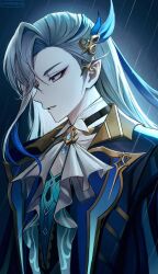 Rule 34 | 1boy, blue background, blue hair, blue jacket, facing to the side, feather hair ornament, feathers, formal, genshin impact, hair ornament, highres, jacket, long hair, looking down, male focus, multicolored hair, neuvillette (genshin impact), parted lips, pointy ears, pponnya, solo, twitter username, white hair, yellow eyes