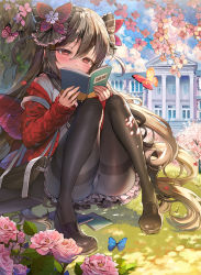 Rule 34 | 1girl, ass, bag, black bag, black footwear, black hair, black pantyhose, blush, book, bow, bug, building, butterfly, butterfly wings, cardigan, character request, cherry blossoms, copyright request, flower, frilled bow, frilled skirt, frills, grass, hair between eyes, hair bow, hair flower, hair ornament, half-closed eyes, holding, holding book, insect, insect wings, miniskirt, off shoulder, on grass, open cardigan, open clothes, original, outdoors, panties, panties under pantyhose, pantyhose, pink flower, pink rose, reading, red cardigan, red eyes, red flower, repi, rose, sailor collar, school uniform, sitting, skirt, solo, thighband pantyhose, tree, twintails, under tree, underwear, wings