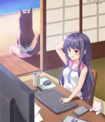 Rule 34 | 2girls, ahoge, animal ears, artist name, bare arms, blue hair, brown hair, can, cat, cellphone, dated, desk, drawing tablet, drink can, fox ears, fox tail, from behind, grimace, hair ornament, hair ribbon, hand on own head, highres, indoors, kemo (pokka), keyboard, long hair, looking to the side, monitor, mouse (computer), mousepad (object), multiple girls, orange eyes, original, panties, phone, purple panties, ribbon, shirt, sitting, sleeveless, sleeveless shirt, sliding doors, smartphone, soda can, stylus, t-shirt, tail, undershirt, underwear, veranda