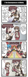 Rule 34 | 1boy, 3girls, 4koma, ?, ahoge, alternate language, arrow (symbol), artist request, blue eyes, blue hair, brown eyes, brown hair, burnt, choker, clenched hand, clenched teeth, comic, emphasis lines, english text, glasses, gnome (totomono), hard-translated, highres, human (totomono), interlocked fingers, jewelry, ken to mahou to gakuen mono, multiple girls, necklace, official art, opaque glasses, open mouth, parted lips, pleated skirt, pointing, school uniform, skirt, smile, speech bubble, sweat, talking, teeth, third-party edit, translated, writing