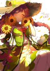 Rule 34 | 10s, 1girl, ^ ^, absurdres, bad id, bad pixiv id, blush, braid, character name, closed eyes, closed mouth, dress, flower, green dress, hair ribbon, hat, heart, highres, long hair, merc storia, petals, pink ribbon, ribbon, simple background, smile, sogawa66, solo, straw hat, sunflower, tania (merc storia), tress ribbon, twin braids, white background