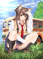 Rule 34 | 1girl, :d, animal ear fluff, animal ears, black bow, black ribbon, black socks, blue skirt, blue sky, blush, bow, braid, breasts, brown footwear, brown hair, bus, cat ears, cleavage, cloud, day, dress shirt, grass, hair bow, hair ribbon, hand up, heart, heart necklace, highres, jewelry, kneehighs, loafers, long hair, looking at viewer, loose necktie, loose neckwear, md5 mismatch, medium breasts, miniskirt, motor vehicle, necklace, necktie, open mouth, original, outdoors, panties, pantyshot, pink panties, pleated skirt, red necktie, resolution mismatch, ribbon, school uniform, shirt, shoes, side braid, skirt, sky, smile, socks, solo, source smaller, squatting, sweater vest, tomoya kankurou, tree, twin braids, underwear, uniform, vest, white shirt, yellow eyes, yellow vest