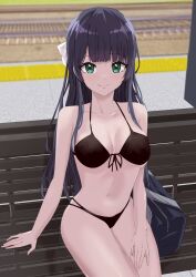 Rule 34 | 1girl, artist request, bare shoulders, bench, bikini, black bikini, blue hair, blush, breasts, cleavage, collarbone, d4dj, exhibitionism, green eyes, hair ornament, highres, long hair, looking at viewer, medium breasts, public indecency, ribbon, shcool bag, smile, solo, swimsuit, tagme, togetsu rei