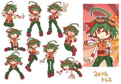 Rule 34 | + +, ahoge, closed eyes, dyed bangs, goggles, goggles on head, green hair, green pants, hand on own hip, looking at viewer, male focus, multicolored hair, multiple views, open mouth, orange shirt, outstretched arm, outstretched hand, pants, parody, puyopuyo, red eyes, red footwear, red hair, rento (rukeai), sakaki yuya, shirt, shoes, short sleeves, smile, star (symbol), star in mouth, style parody, v, yu-gi-oh!, yu-gi-oh! arc-v