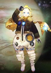 Rule 34 | 1boy, adjusting eyewear, baggy clothes, blonde hair, blue eyes, bomber jacket, bright pupils, brown jacket, coat, fate/grand order, fate (series), full body, fur trim, gloves, glowing, goggles, goggles on head, gradient hair, jacket, jupiter (planet), long sleeves, looking at viewer, male focus, multicolored hair, noco (adamas), official art, open clothes, open coat, open mouth, pale skin, parted bangs, planet, scarf, solo, space, spacesuit, star (sky), star (symbol), voyager (fate), voyager (third ascension) (fate), wide hips, yellow scarf