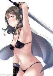 Rule 34 | armpits, bad id, bad pixiv id, bikini, black bikini, black hair, blush, brown eyes, from side, gold trim, hair between eyes, holding, holding sword, holding weapon, kantai collection, long hair, oyashio (kancolle), personification, ponytail, simple background, solo, swimsuit, sword, weapon, white background