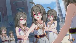 Rule 34 | 1boy, 5girls, ahoge, arm grab, blue sky, breasts, chinese commentary, clenched hand, closed mouth, cloud, cloudy sky, collarbone, crying, crying with eyes open, hair between eyes, highres, honkai (series), honkai impact 3rd, jewelry, key, looking at another, medium hair, multiple girls, necklace, official art, official wallpaper, open mouth, short hair, sky, small breasts, tears, teeth, upper teeth only, vita (young) (honkai impact)
