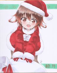 Rule 34 | 1girl, absurdres, brown hair, christmas, commentary request, dress, fur-trimmed dress, fur-trimmed headwear, fur-trimmed sleeves, fur trim, gloves, gradient hair, hat, highres, kantai collection, looking at viewer, marker (medium), multicolored hair, mutsuki (kancolle), pantyhose, red dress, red gloves, red hair, red hat, sack, santa costume, santa dress, santa hat, short hair, solo, traditional media, yuuki chima