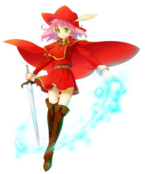 Rule 34 | 1990s (style), 1girl, alternate costume, boots, cape, cinnamon1445, female focus, final fantasy, final fantasy v, full body, green eyes, hat, kneehighs, lenna charlotte tycoon, magic, miniskirt, pink hair, red mage (final fantasy), retro artstyle, short hair, skirt, socks, solo, sword, thigh boots, thighhighs, weapon, white background, zettai ryouiki