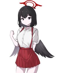 Rule 34 | 1girl, absurdres, alternate costume, alternate skin color, black choker, black eyes, black hair, black wings, blue archive, choker, collared shirt, colored skin, commentary request, cosplay, feathered wings, frown, hair between eyes, halo, hanako-san (toire no hanako-san), hanako-san (toire no hanako-san) (cosplay), highres, hrna, looking at viewer, mashiro (blue archive), miniskirt, pale skin, pleated skirt, red skirt, school uniform, shirt, short hair, short sleeves, sidelocks, simple background, skirt, solo, suspender skirt, suspenders, toire no hanako-san, white background, white shirt, winged halo, wings