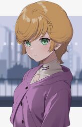 Rule 34 | 1girl, blonde hair, blurry, blurry background, buttons, campbell xx, capelet, closed mouth, commentary request, green eyes, gundam, gundam unicorn, highres, looking at viewer, mineva lao zabi, purple capelet, shirt, short hair, solo, upper body, very short hair, white shirt