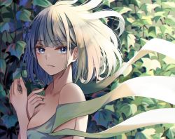 Rule 34 | 1girl, bare shoulders, blue eyes, blue hair, blush, breasts, day, highres, leaf, looking at viewer, medium hair, nicky w, original, parted lips, smile, solo, sunlight, upper body