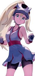 Rule 34 | 1girl, absurdres, bare arms, bike shorts, blonde hair, breasts, clenched hands, closed mouth, commentary request, creatures (company), dress, eyelashes, fingerless gloves, fujiwara echi, game freak, gloves, green eyes, hair between eyes, helmet, high ponytail, highres, korrina (pokemon), long hair, looking at viewer, looking down, medium breasts, nintendo, pokemon, pokemon xy, shorts, shorts under skirt, simple background, sleeveless, sleeveless dress, smile, solo, white background