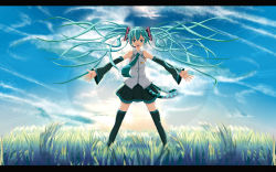 Rule 34 | backlighting, detached sleeves, eto, field, green eyes, green hair, hatsune miku, headset, letterboxed, long hair, necktie, outstretched arms, skirt, sky, solo, spread arms, thighhighs, twintails, very long hair, vocaloid, zettai ryouiki