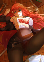 Rule 34 | 1girl, ahoge, arm under breasts, arm up, armpits, black pantyhose, black skirt, blue eyes, blush, bra, breasts, cleavage, fallen down, feet out of frame, gluteal fold, go-toubun no hanayome, gusset, hair ornament, hairclip, indoors, lace, lace bra, large breasts, long hair, looking at viewer, lying, nakano itsuki, notebook, off shoulder, on back, on floor, open clothes, open mouth, open shirt, panties, pantyhose, rectangular eyewear, red bra, red hair, red panties, ruler, shirt, skirt, solo, star (symbol), star hair ornament, teacher, thighband pantyhose, thighs, underwear, white shirt, yakutashi