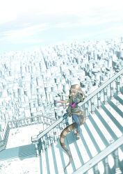 Rule 34 | 1girl, against railing, animal hood, black gloves, blonde hair, blurry, blurry foreground, city, collared jacket, day, detached hood, floating hair, full body, gloves, glowing, glowing clothes, grey jacket, hand rest, hand up, highres, hood, hood up, jacket, kashisu mint, kemono friends, king cobra (kemono friends), long hair, long sleeves, looking to the side, miniskirt, multicolored hair, necktie, orange hair, outdoors, pants, pants under skirt, parted lips, pink hair, railing, scenery, shirt, shoes, skirt, sky, snake hood, snake tail, solo, stairs, standing, standing on one leg, tail, tan, two-tone hair, very long hair, wind, zipper