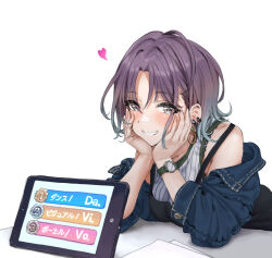 Rule 34 | 1girl, asakura toru, blue hair, blush, commentary, denim, denim jacket, dress, earrings, gradient hair, grin, hamedoragon, hands on own cheeks, hands on own face, head rest, heart, idolmaster, idolmaster shiny colors, jacket, jacket partially removed, jewelry, leaning forward, light purple hair, multicolored hair, parted bangs, simple background, sleeveless, sleeveless dress, smile, solo, translated, watch, white background, wristwatch