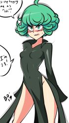 Rule 34 | 1girl, bigdead, black dress, blush, breasts, covered navel, cowboy shot, curly hair, dress, english text, green eyes, green hair, highres, one-punch man, open mouth, pelvic curtain, short hair, side slit, small breasts, solo, speech bubble, talking, tatsumaki, text focus