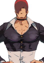 Rule 34 | 1boy, bara, beniazumaru, black choker, choker, closed mouth, collared shirt, cropped shirt, hair over one eye, hands on own hips, highres, large pectorals, looking at viewer, male focus, muscular, muscular male, pectorals, red hair, shirt, short hair, simple background, solo, the king of fighters, the king of fighters &#039;95, upper body, white background, white shirt, yagami iori