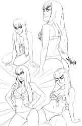 Rule 34 | 10s, 1girl, adapted costume, ass, bikini, breasts, cleavage, collage, commentary, diepod, emphasis lines, eyebrows, closed eyes, front-tie bikini top, front-tie top, greyscale, hands on own hips, highres, junketsu, kill la kill, kiryuuin satsuki, leaning forward, long hair, monochrome, monochrome, navel, smile, solo, swimsuit, thick eyebrows, thong, thong bikini, underboob