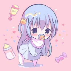 Rule 34 | 1girl, baby bottle, bib, blue dress, blue eyes, blue hair, blush, bottle, brown background, candy wrapper, character name, chibi, commentary request, dress, gochuumon wa usagi desu ka?, hair between eyes, hair ornament, heart, kafuu chino, leaning forward, long hair, long sleeves, looking at viewer, no shoes, pacifier, pantyhose, rattle, rin (fuwarin), sailor collar, sidelocks, sleeves past wrists, solo, standing, two side up, very long hair, white pantyhose, x hair ornament