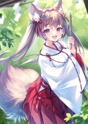 Rule 34 | 07touka25, 1girl, animal ears, breasts, fox ears, fox girl, fox tail, hair ribbon, highres, japanese clothes, leaf, light brown hair, long hair, long sleeves, looking at viewer, miko, original, pink eyes, red ribbon, ribbon, smile, solo, sunlight, tail, water drop
