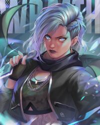 Rule 34 | 1girl, acid wraith, apex legends, bandeau, black eyeshadow, black gloves, black jacket, black lips, black scarf, braid, camouflage bandeau, commentary, cropped jacket, english commentary, eyeshadow, facial tattoo, fingerless gloves, frown, gloves, grey hair, grey nails, highres, jacket, jewelry, looking at viewer, makeup, medium hair, necklace, nose piercing, noush, official alternate costume, piercing, scarf, solo, tattoo, v-shaped eyebrows, wraith (apex legends)