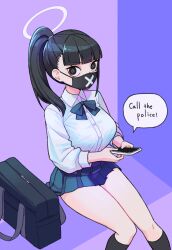 Rule 34 | 1girl, 28 (282teeth), absurdres, alternate costume, bag, black eyes, black hair, black mask, black socks, blue archive, blue bow, blue bowtie, blunt bangs, bow, bowtie, breasts, english text, feet out of frame, highres, holding, holding phone, kneehighs, large breasts, looking at viewer, miniskirt, phone, pleated skirt, ponytail, school bag, school uniform, shirt, sitting, skirt, socks, solo, speech bubble, sukeban (smg) (blue archive), white shirt, x