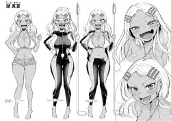 Rule 34 | 1girl, barefoot, belt, bodysuit, breasts, character name, cleavage, collarbone, dark-skinned female, dark skin, diving suit, fangs, full body, goggles, greyscale, hair behind ear, hair ornament, hairclip, highres, holding, jewelry, large breasts, looking at viewer, micro shorts, monochrome, multiple views, necklace, open mouth, original, parted bangs, shorts, skin fangs, smile, snorkel, star (symbol), star necklace, terano haruma, variations, wetsuit, white background