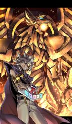 Rule 34 | belt, cape, card, dark-skinned male, dark skin, dragon, duel disk, duel monster, fangs, grey hair, grin, hawe king, highres, holding, holding card, letterboxed, millennium rod, smile, spiked hair, the winged dragon of ra, yami marik, yu-gi-oh!