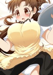 Rule 34 | 1girl, apron, bad id, bad pixiv id, blush, bouncing breasts, breasts, brown eyes, brown hair, clothes lift, coffee, cup, large breasts, long hair, panties, poponpin, skirt, skirt lift, solo, surprised, taneshima popura, tray, underwear, upskirt, wind, wind lift, working!!
