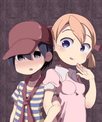 Rule 34 | 1boy, 1girl, ana (mother), black hair, blonde hair, blue eyes, blush, child, dengaku (dengakkus), hat, highres, locked arms, looking at viewer, mother (game), necktie, ninten, nintendo, open mouth, purple background, shirt, short twintails, striped clothes, striped shirt, twintails, upper body