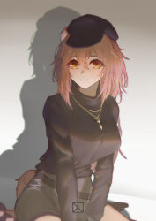 Rule 34 | 1girl, absurdres, animal ears, arknights, black hat, black shirt, black shorts, breasts, gravel (arknights), gravel (modeling night) (arknights), grey background, hair between eyes, hat, highres, jewelry, light blush, long hair, long sleeves, looking at viewer, medium breasts, mouse ears, mouse girl, mouse tail, necklace, njnywy, official alternate costume, pink hair, shadow, shirt, shorts, simple background, sitting, smile, solo, tail, wariza, yellow eyes