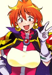 Rule 34 | 1girl, :d, absurdres, breasts, brooch, cape, collared cape, commission, earrings, fang, female focus, gloves, highres, jewelry, lina inverse, long hair, medium breasts, open mouth, orange hair, purple cape, signature, slayers, smile, solo, umitsuki (kurage no shokushu), v, white gloves