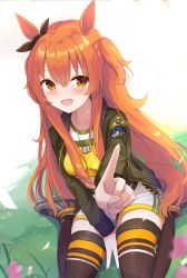 Rule 34 | 1girl, :d, animal ears, between legs, black thighhighs, breasts, crop top, dog tags, green jacket, grey footwear, hair between eyes, hair ribbon, highres, horse ears, index finger raised, jacket, long hair, long sleeves, looking at viewer, mayano top gun (umamusume), midriff, open clothes, open jacket, open mouth, orange eyes, orange hair, outstretched arms, ribbon, shirt, shoes, short shorts, shorts, sitting, small breasts, smile, solo, thighhighs, touhourh, two side up, umamusume, very long hair, wariza, white shorts, yellow shirt