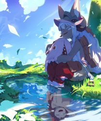 Rule 34 | 1girl, 1other, blue sky, blunt bangs, blush stickers, cape, closed eyes, cloud, creature, different reflection, ears through headwear, falling leaves, field, flower, furry, grass, happy, helmet, highres, hug, leaf, long hair, made in abyss, mitty (made in abyss), mitty (made in abyss) (human), nanachi (made in abyss), nanachi (made in abyss) (human), nature, on ground, open mouth, outdoors, pants, pond, pouch, red hair, red pants, reflection, ripples, shade, shore, sidelocks, sitting, sky, soaking feet, topless, tree, very long hair, water, whiskers, white flower, white hair, wind, wonchun