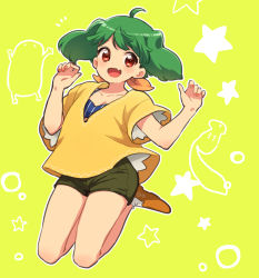 Rule 34 | 1girl, ahoge, alternate costume, arms up, breasts, cleavage, fang, fuuka (fu-haru), green hair, jumping, legs up, macross, macross frontier, nail art, nail polish, open mouth, pink nails, ranka lee, red eyes, short hair, shorts, small breasts, smile, solo, w arms
