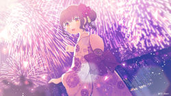 Rule 34 | 1girl, :d, aerial fireworks, ahoge, back bow, blush, bow, brown eyes, brown hair, commentary request, dutch angle, fireworks, floral print, from behind, hand fan, hand up, highres, ikari (aor3507), japanese clothes, kimono, looking at viewer, looking back, night, open mouth, original, outdoors, paper fan, pink kimono, pointing, print kimono, purple bow, railing, sidelocks, smile, solo, twitter username, uchiwa