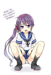 Rule 34 | 10s, 1girl, akebono (kancolle), bell, black legwear, blush, flower, hair bell, hair flower, hair ornament, hard-translated, hatsunatsu, kantai collection, long hair, looking at viewer, open mouth, panties, pantyshot, print panties, purple eyes, purple hair, school uniform, serafuku, shitty admiral (phrase), side ponytail, simple background, squatting, talking to viewer, third-party edit, translated, underwear, very long hair, white background, white panties