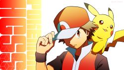 Rule 34 | 1boy, brown eyes, brown hair, closed mouth, commentary request, copyright name, creatures (company), frown, game freak, gen 1 pokemon, hand on headwear, hand up, highres, jacket, kuroki shigewo, male focus, nintendo, pikachu, pokemon, pokemon (creature), pokemon hgss, pokemon on back, popped collar, red (pokemon), short sleeves, spiked hair, two-tone headwear, wristband